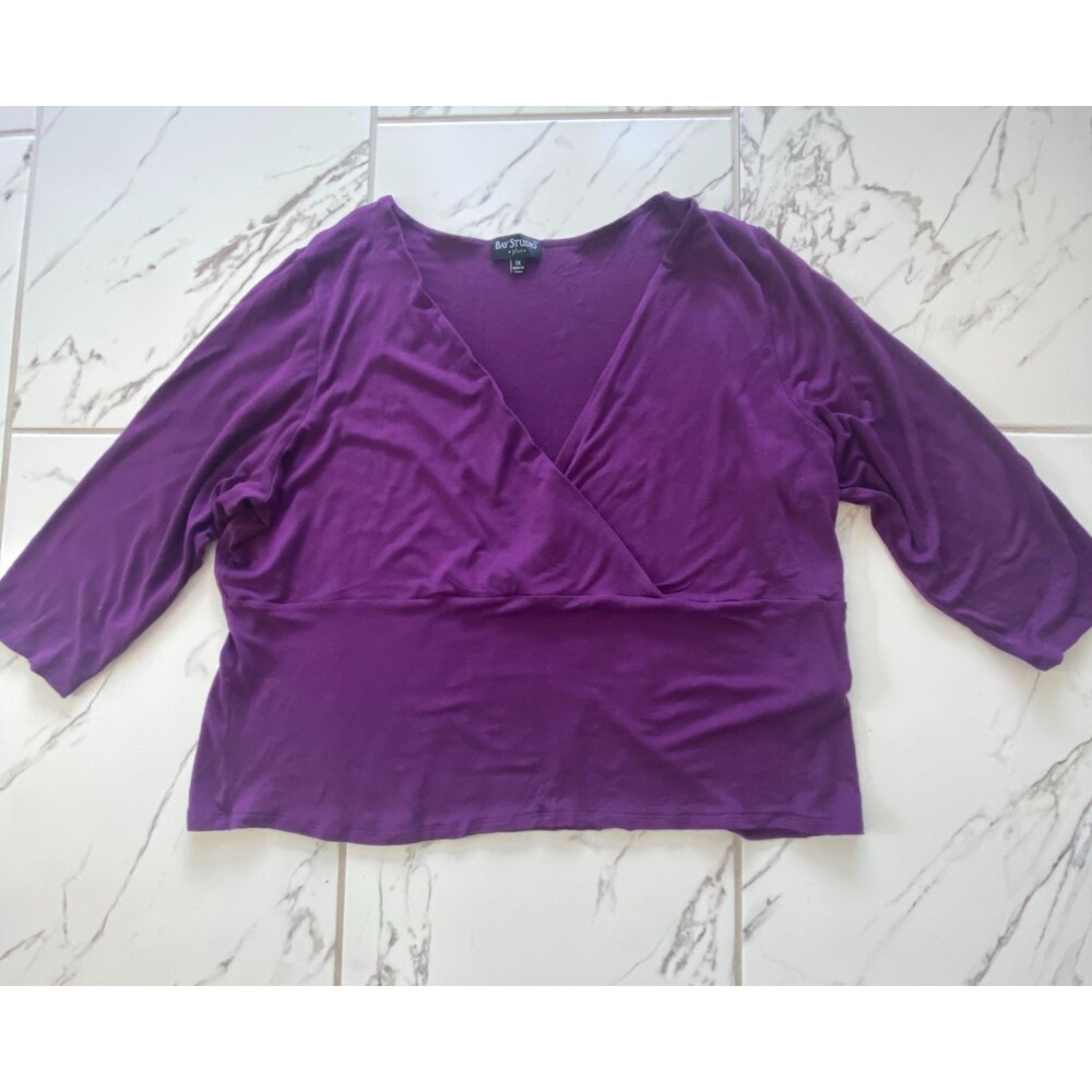 Bay Studio Plus Top Womens 1X Purple Faux Wrap V Neck 3/4 Sleeve Blouse Casual